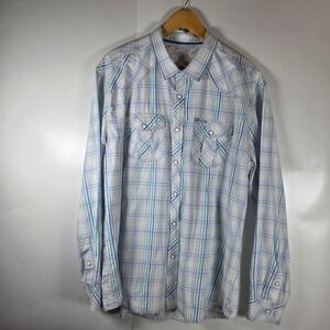 Marc Ecko Cut & Sew Mens XL Blue Plaid Long Sleeve Western Snap Button Down